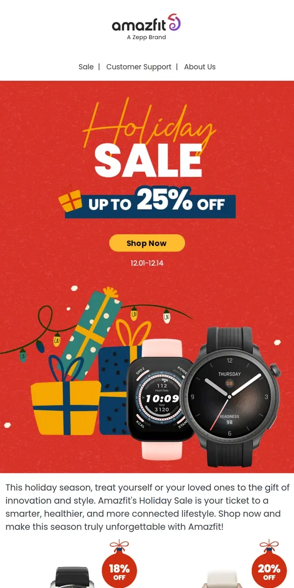 Email from Amazfit. 🎁Up to 25% Off on Amazfit Holiday Sale