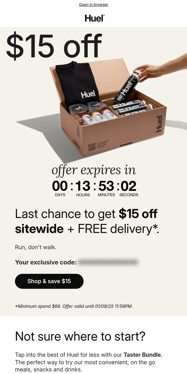 Email from Huel. $15 off sitewide, last chance ⏳