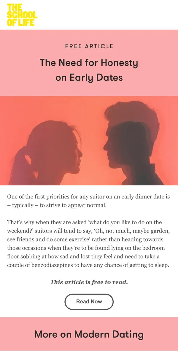 Email from The School of Life. Why you should be honest on a date