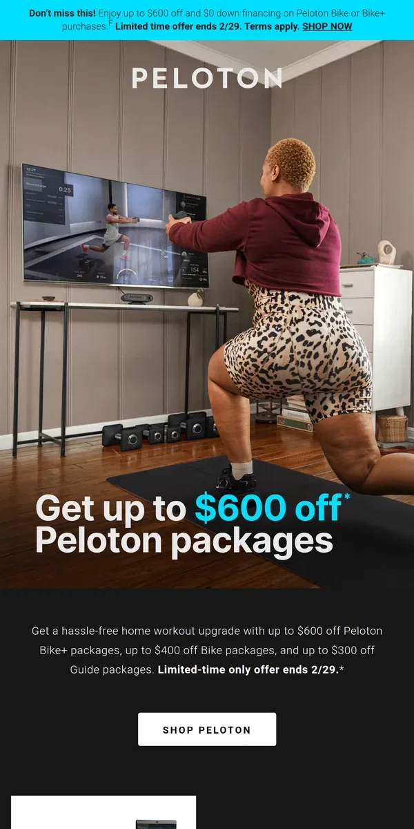 Email from Peloton. Ends soon: Up to $600 off accessory packages