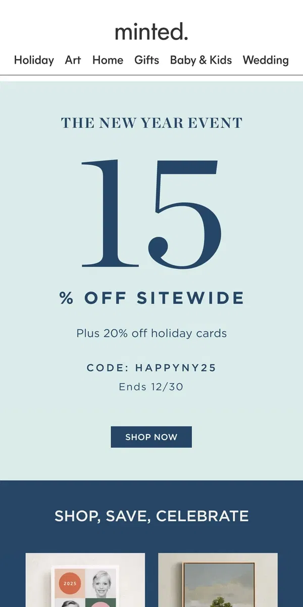 Email from Minted. New year, new you: 15% off sitewide