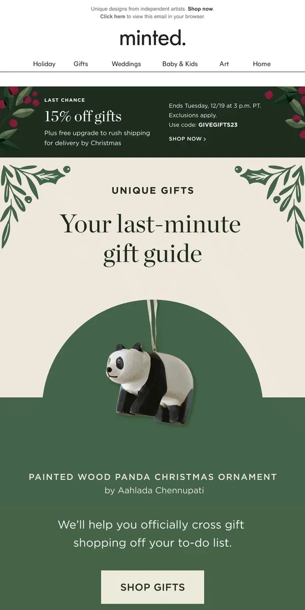 Email from Minted. Open for: unique, last-minute gifts