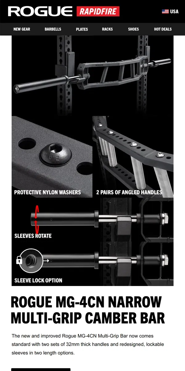 Email from Rogue Fitness. Just Launched: Rogue MG-4CN Narrow Multi Grip Camber Bar, GORUCK - Rucker 4.0, & More!