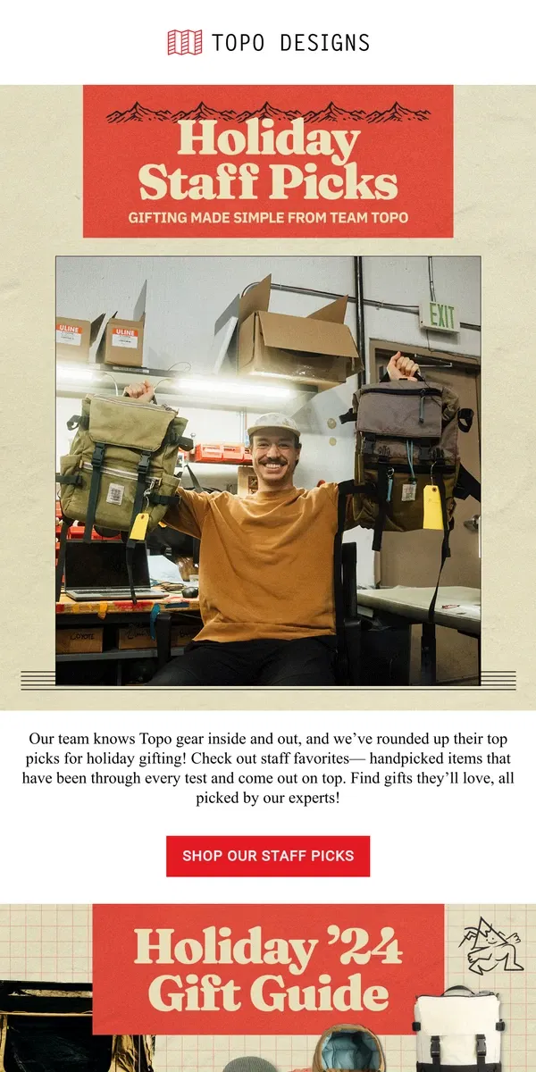 Email from Topo Designs. Holiday Staff Picks from Topo