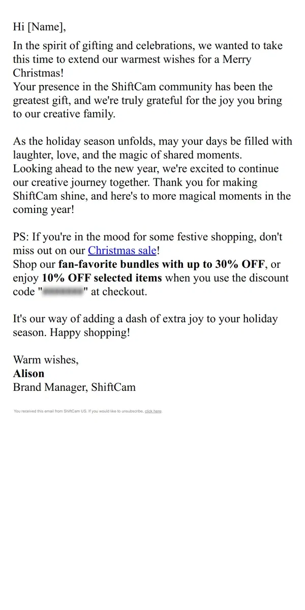 Email from ShiftCam. Merry Christmas from the ShiftCam Team!