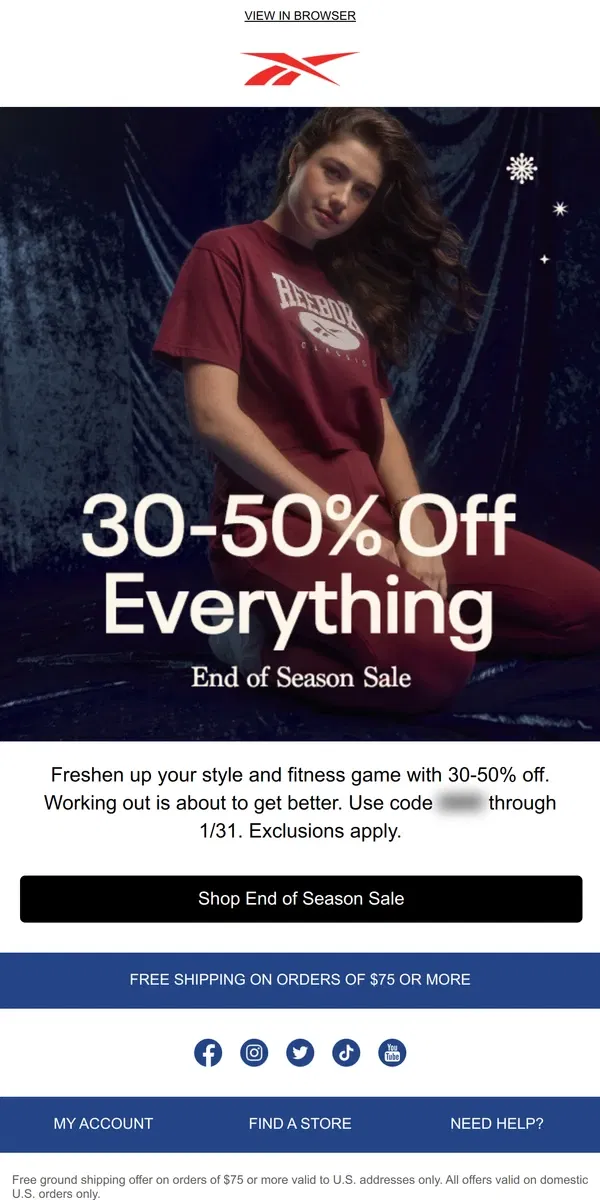 Email from Reebok. Treat yourself to new styles