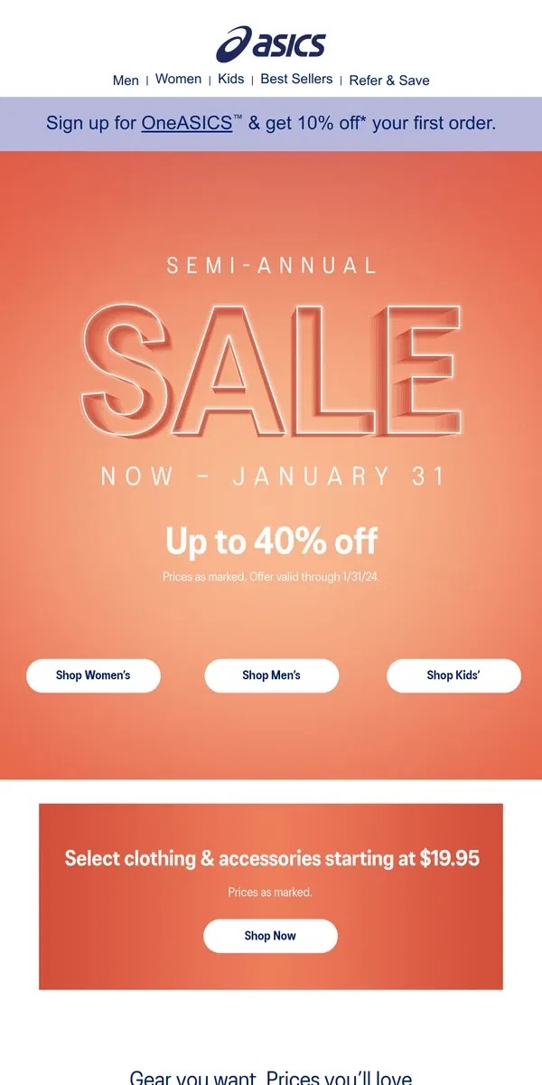 Email from ASICS. The Semi-Annual Sale is HERE 🎉