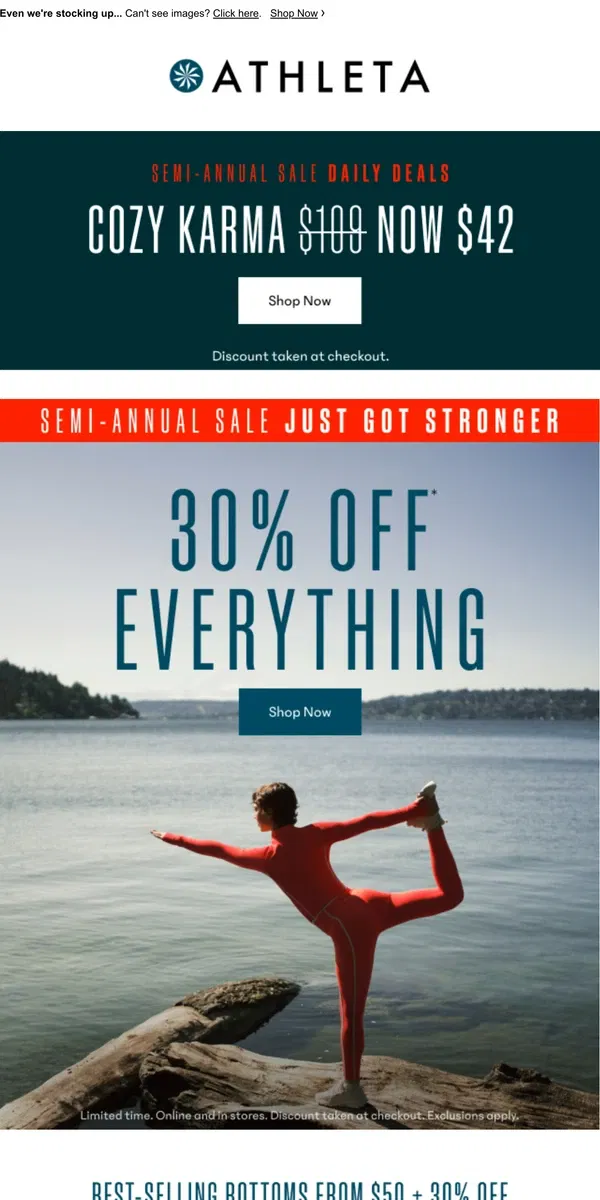 Email from Athleta. 30 👏 % 👏 OFF 👏EVERYTHING 👏