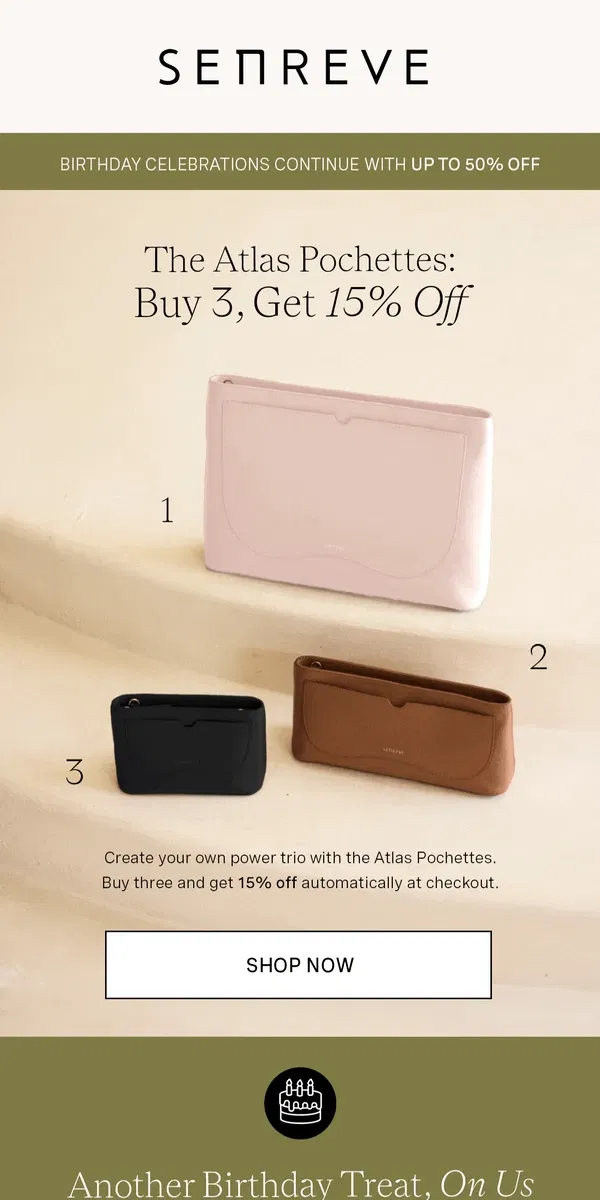 Email from Senreve. Atlas Pochette Power Trio