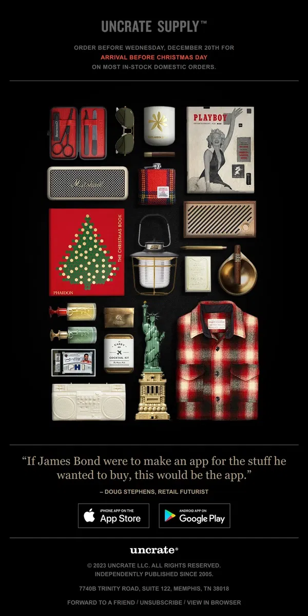 Email from Uncrate. Christmas Delivery / Available on Uncrate Supply