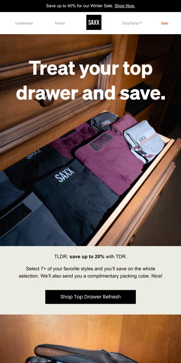 Email from SAXX Underwear. Refresh your top drawer and save up to 20%