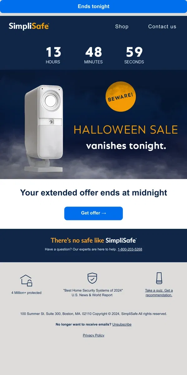 Email from SimpliSafe. Last chance to get your Halloween deal