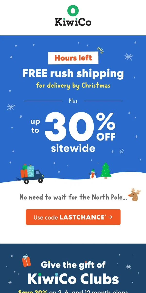 Email from KiwiCo. Ho-ho-hours left for FREE rush shipping!