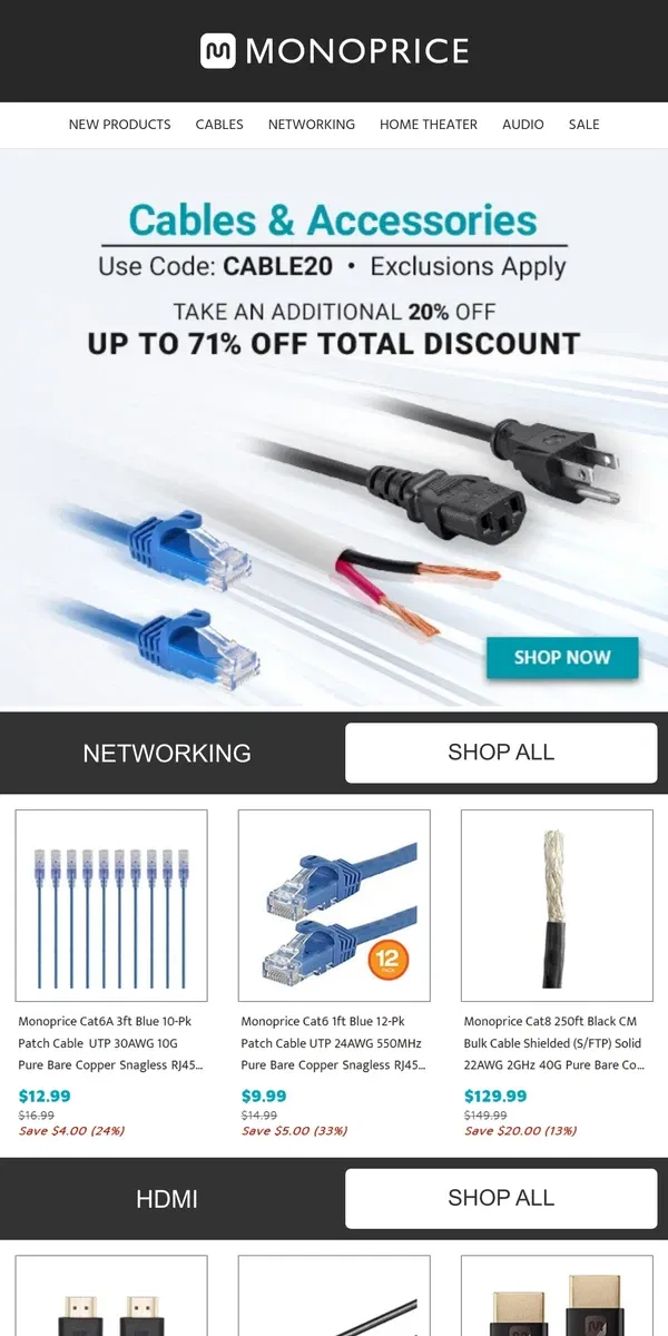 Email from Monoprice. ✨ Extra 20% OFF CABLES | Pre-Black Friday DEAL!