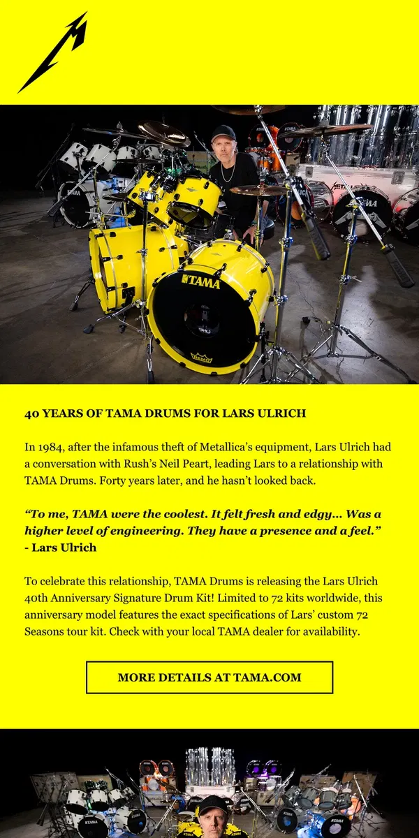 Email from Metallica. 🥁 Lars Ulrich & TAMA Drums Celebrate 40 Years of Music