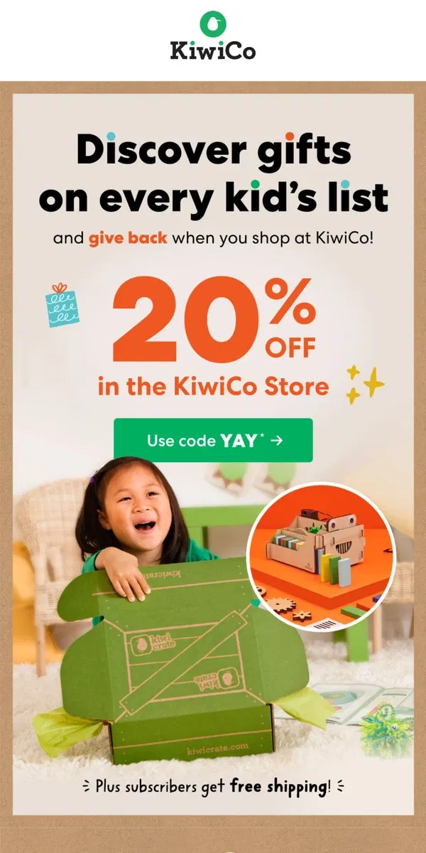 Email from KiwiCo. Save now AND give back!