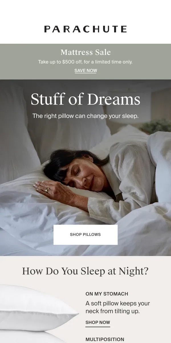 Email from Parachute Home. The Pillow Guide