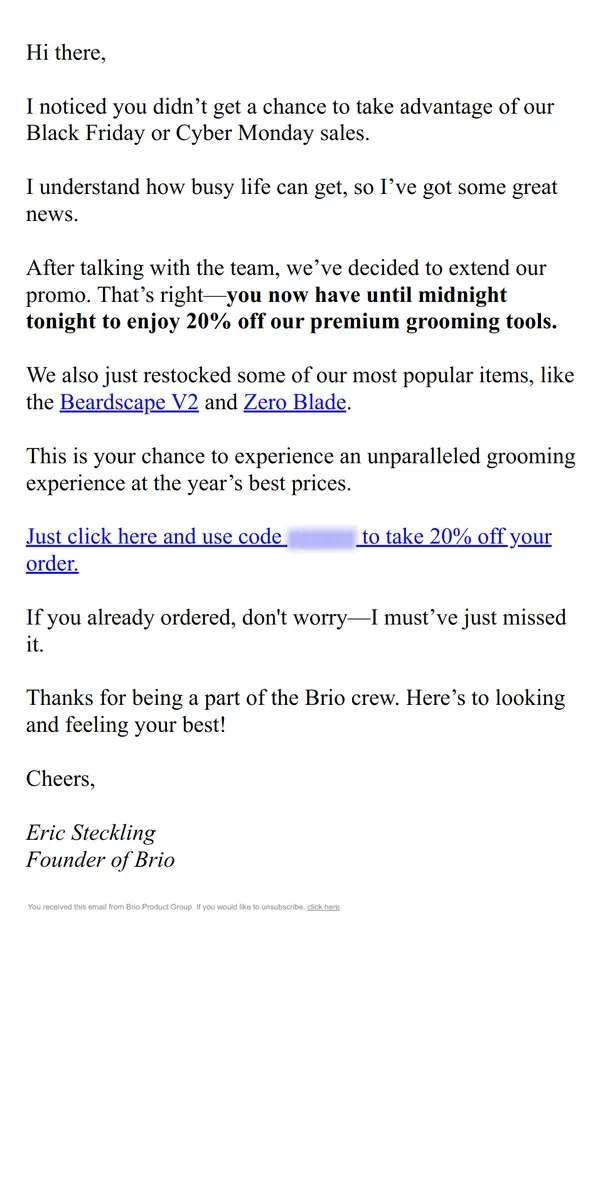 Email from Brio Product Group. SALE = EXTENDED