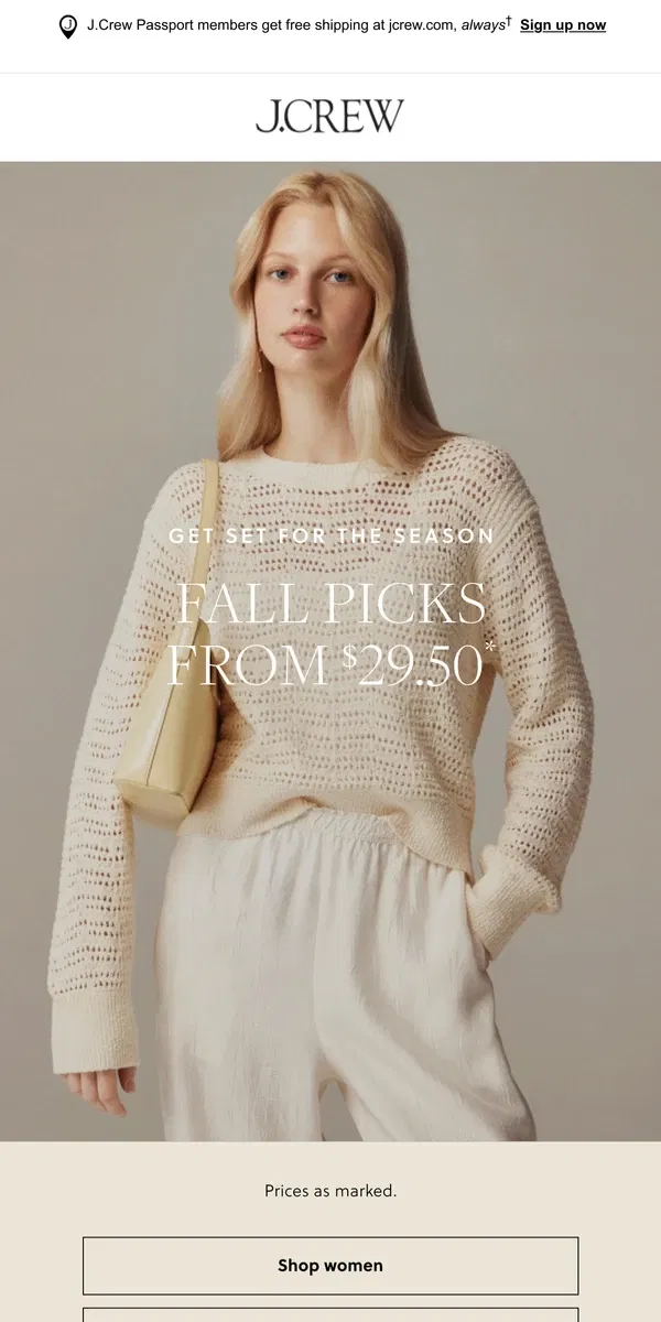 Email from J.Crew. Just in: fall picks from $29.50