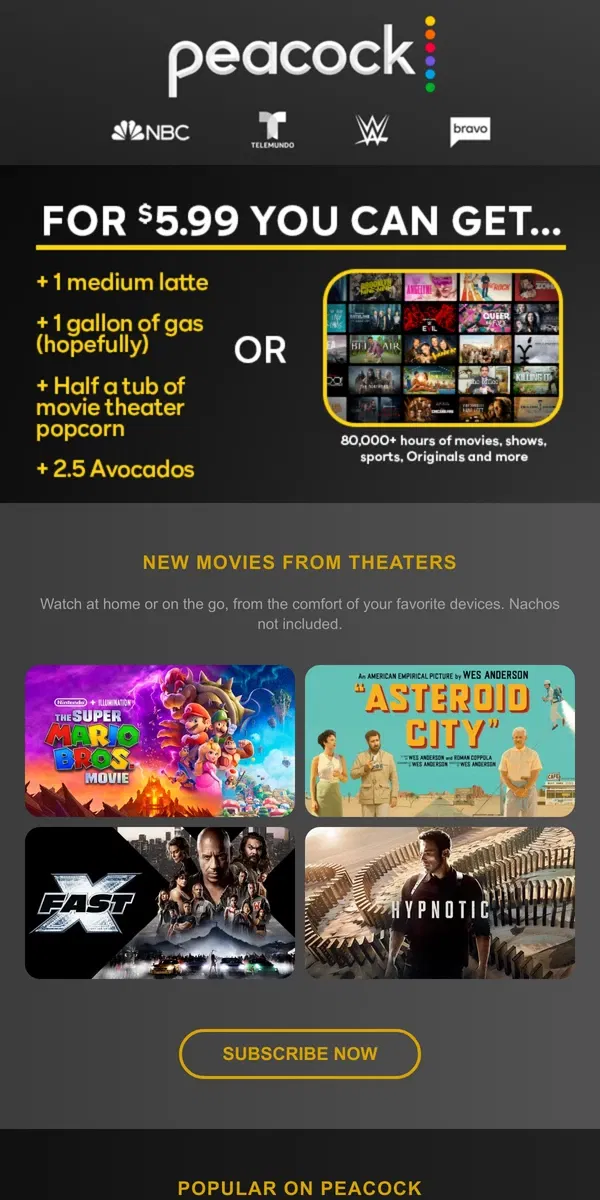 Email from Peacock. NEW movies from theaters on Peacock