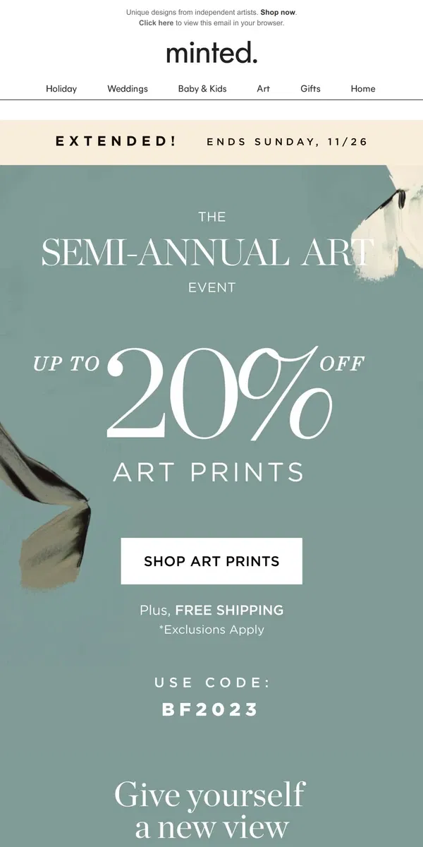 Email from Minted. Extended! 20% off art prints + FREE shipping