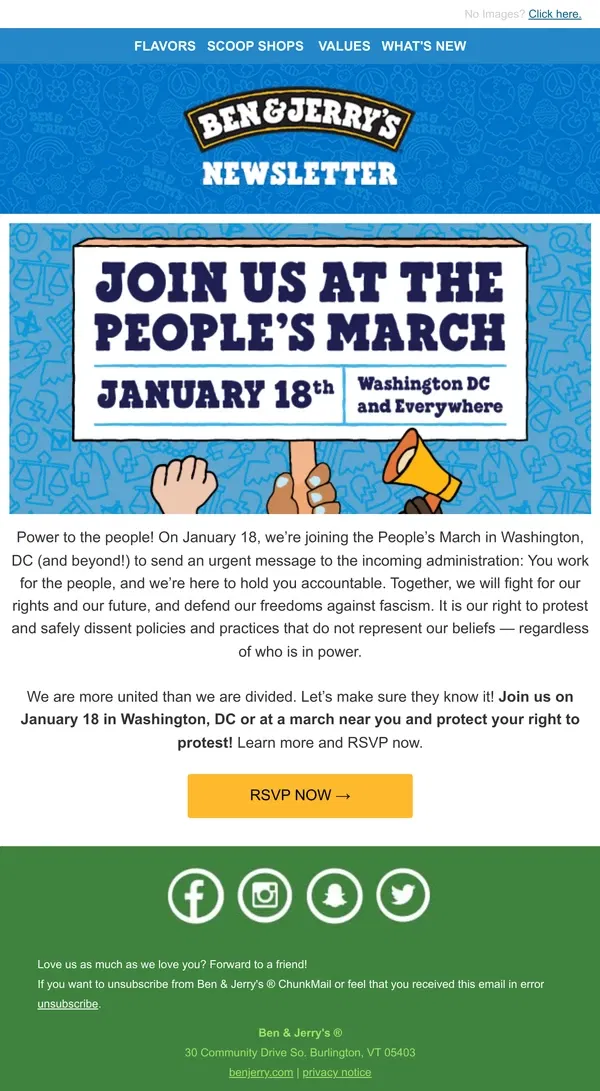 Email from Ben & Jerry's. ✊🏾 Resist Together on 1/18!