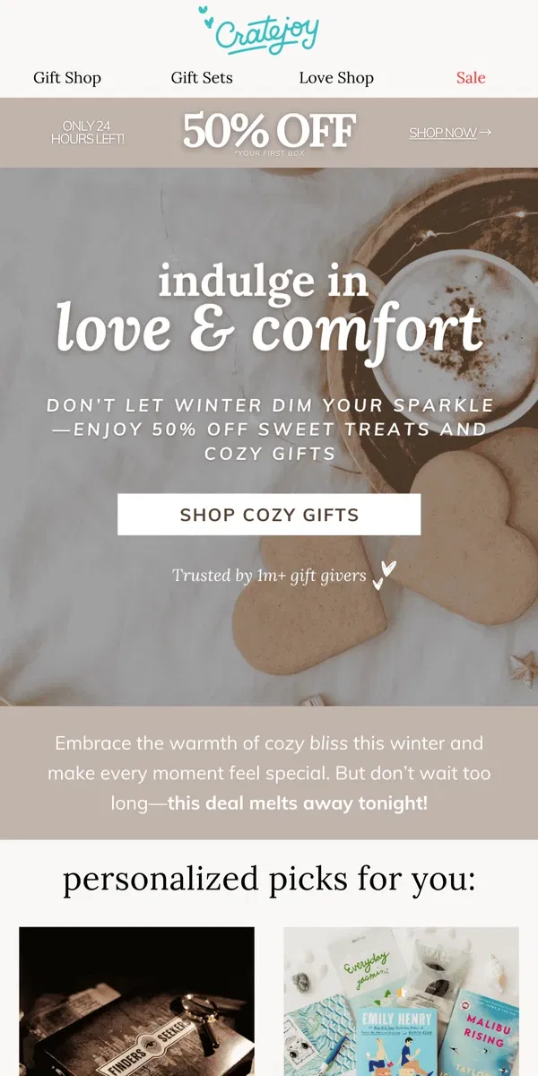 Email from Cratejoy. Last chance to warm up with 50% off ☕️