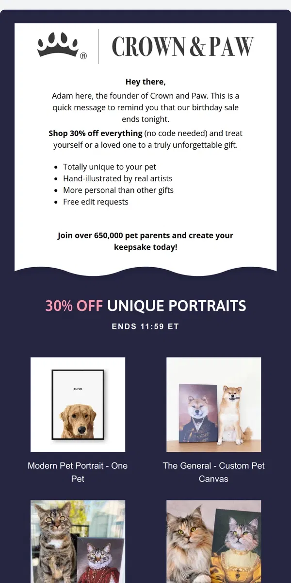 Email from Crown & Paw. Last chance : 30% OFF ends tonight ⏳