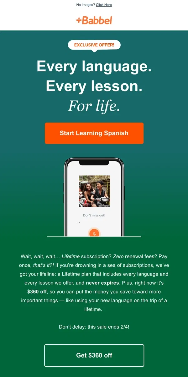 Email from Babbel. 🎉 Offer enclosed: You’ve been selected to enjoy $360 off Lifetime!