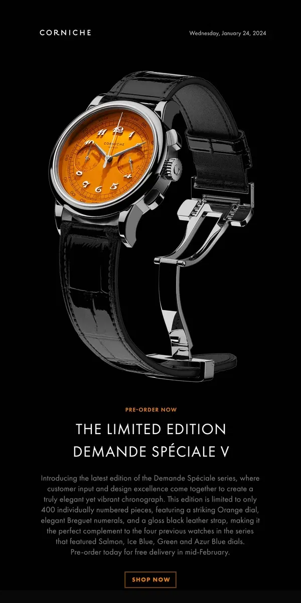 Email from Corniche Watches. Discover The Demande Spéciale V