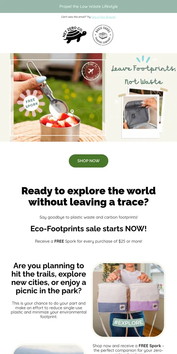 Email from Net Zero Co.. Zero Waste Travel Sale Starts Now! 🌱