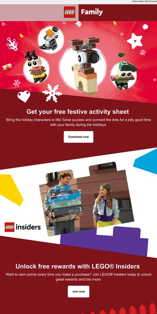 Email from Lego. Hand-picked LEGO® holiday activities for the whole family