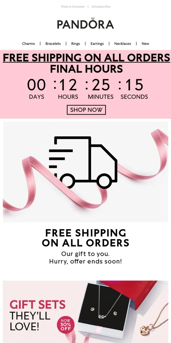 Email from Pandora Jewelry. ENDS TODAY! Free shipping on all orders