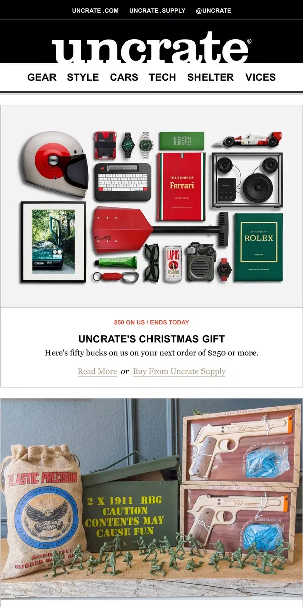 Email from Uncrate. Uncrate's Christmas Gift & more