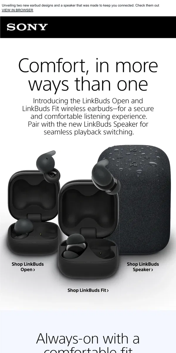 Email from Sony. New Earbuds, New Speaker—Discover The Latest In Our Audio Innovations