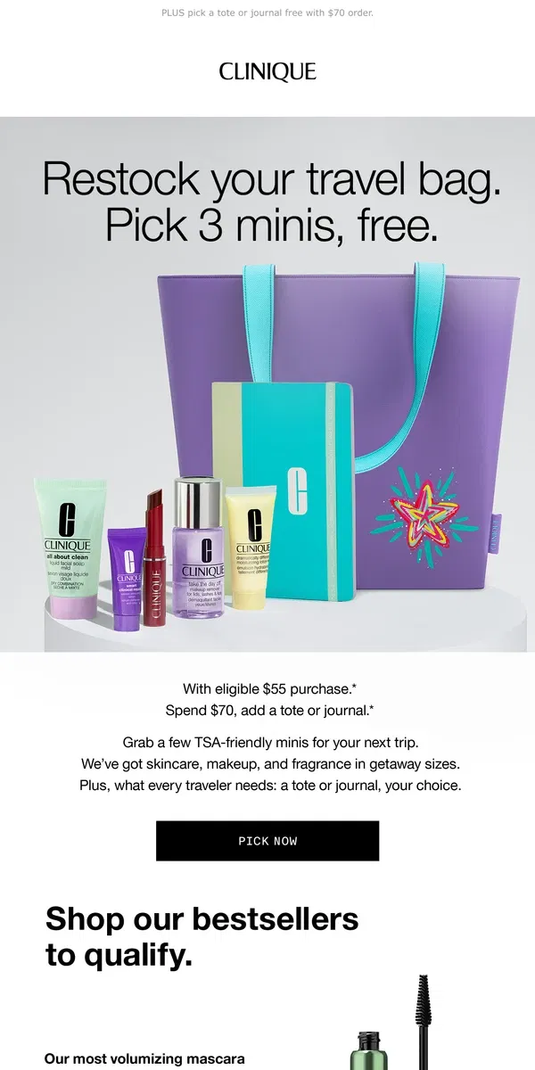 Email from Clinique. Happy travels ✈️ Pick 3 free minis! With $55 order.