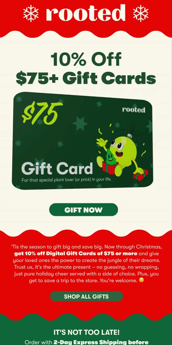 Email from Rooted. SURPRISE! 10% Off Gift Cards! 🎁