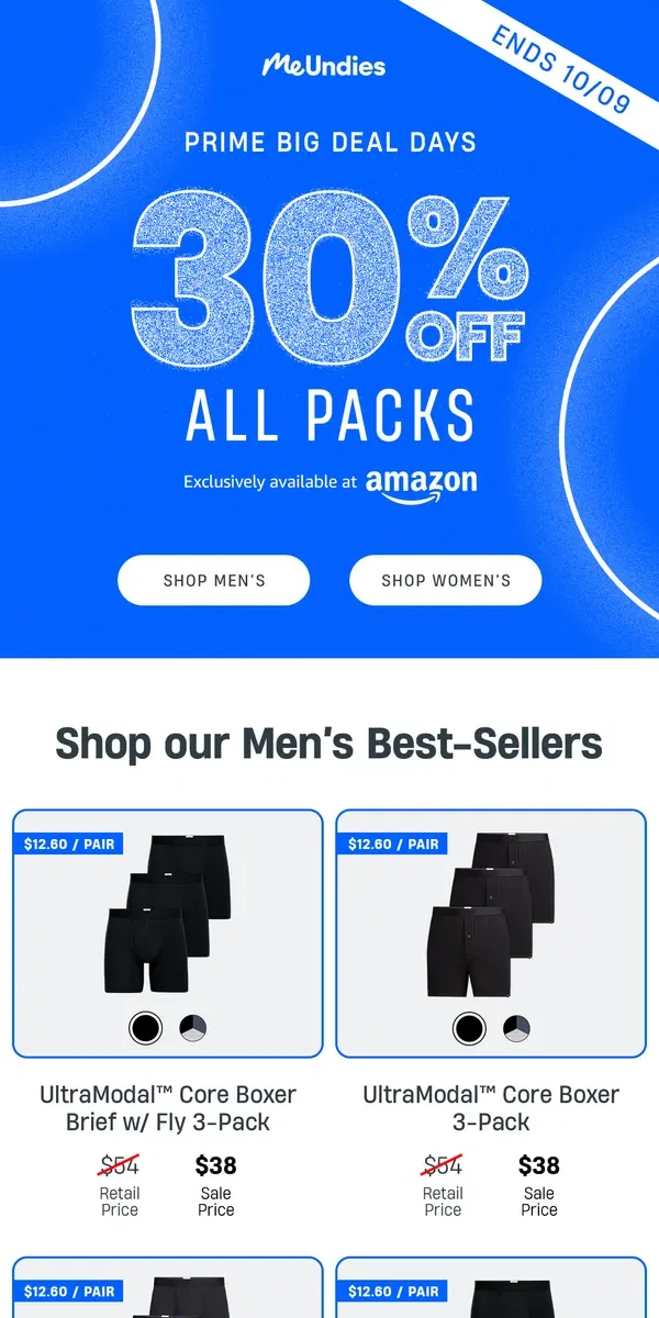 Email from MeUndies. Take 30% off ALL PACKS