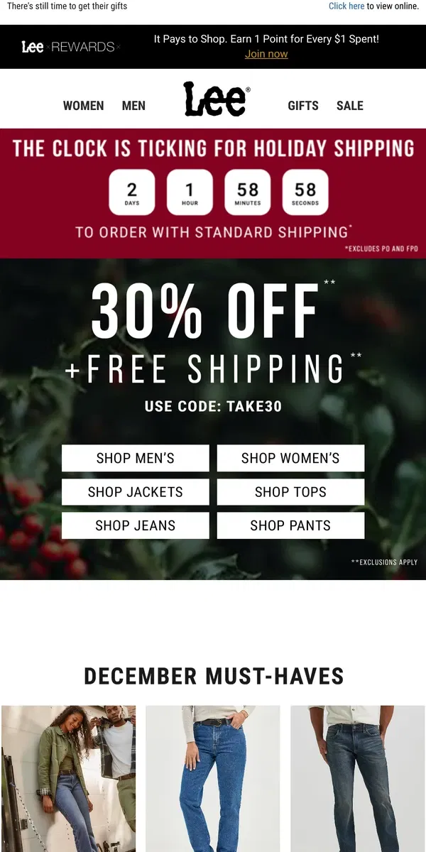 Email from Lee. Get Gifting:  Free Shipping + 30% Off