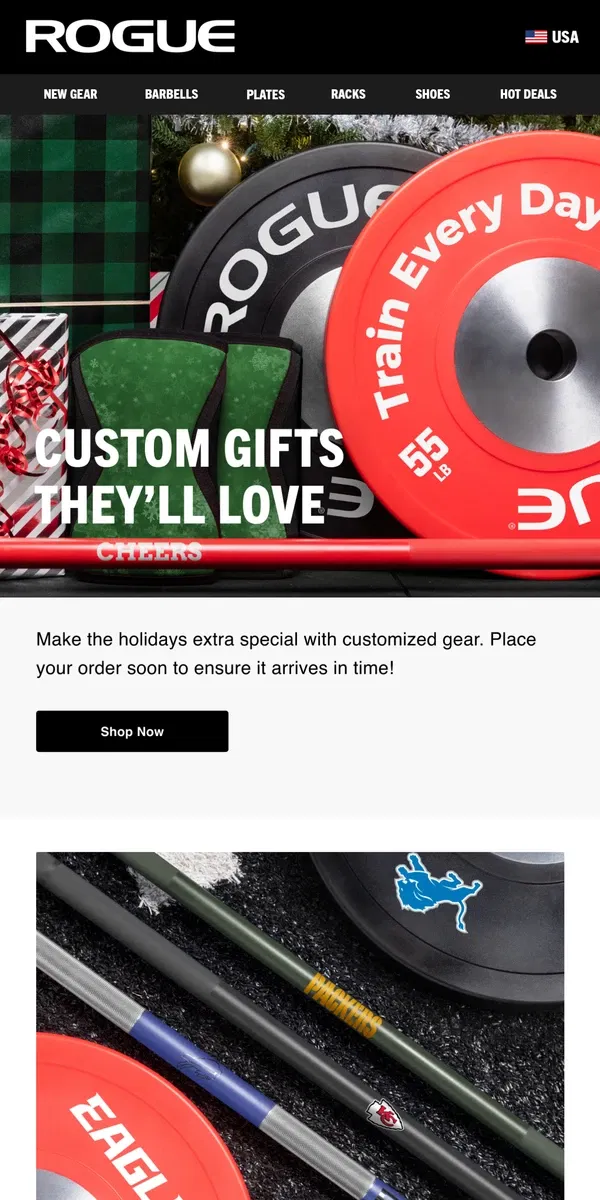 Email from Rogue Fitness. ZEUS - Custom Gifts They'll Love