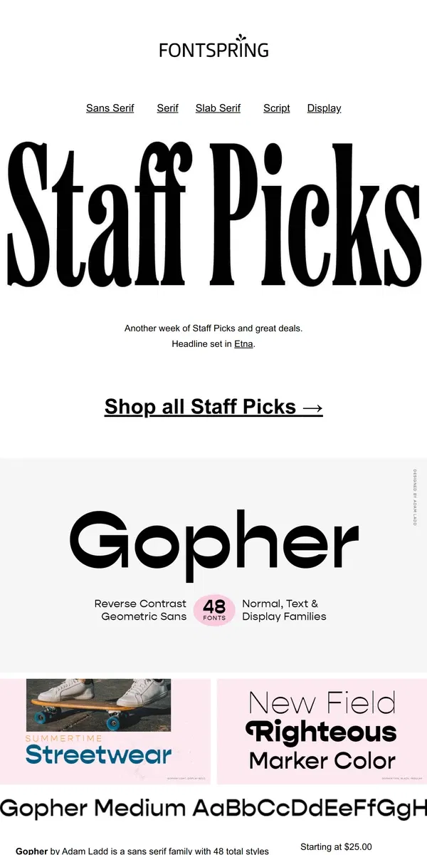 Email from Fontspring. Staff Picks | Fontface