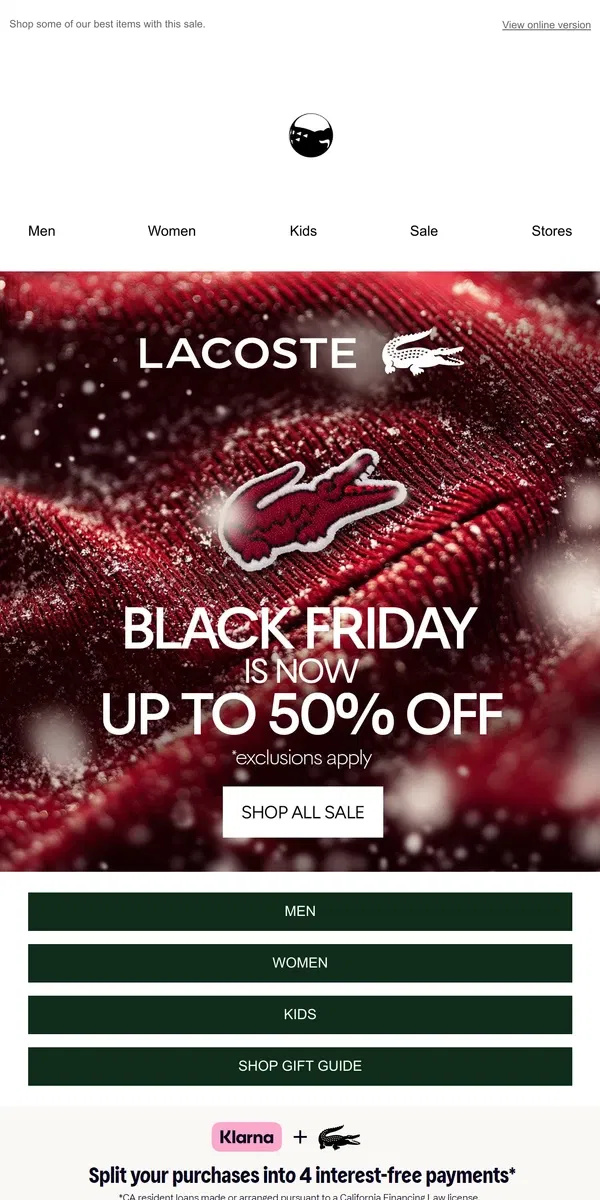 Email from Lacoste. EXTENDED: Black Friday Up to 50% Off