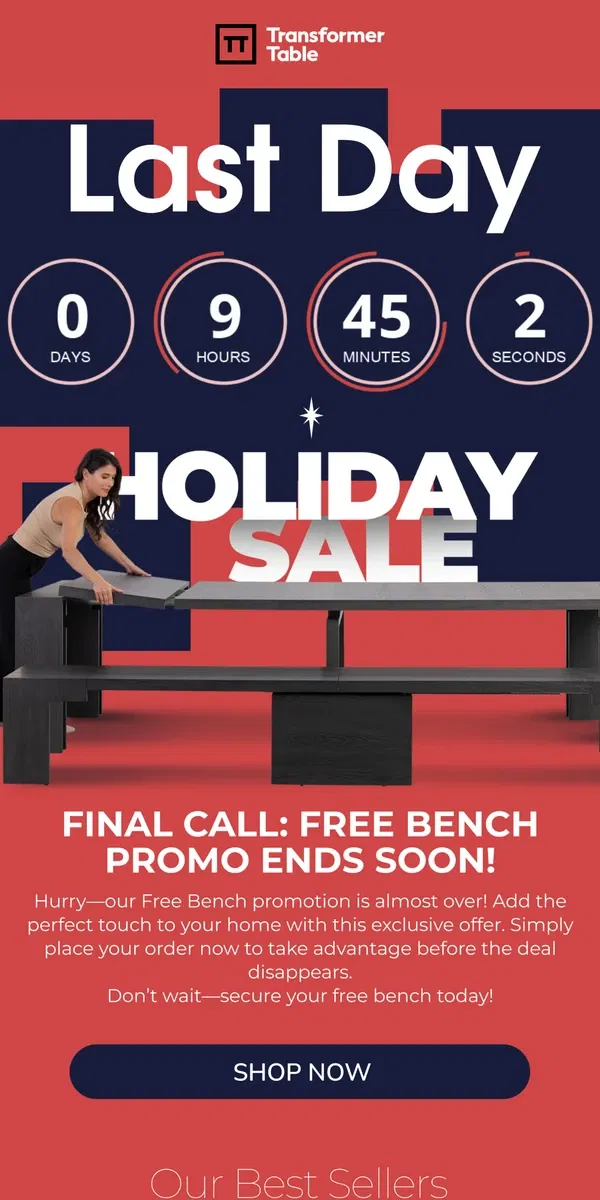 Email from Transformer Table. 🎁 Last Day! Holiday Sale : Free Gifts!