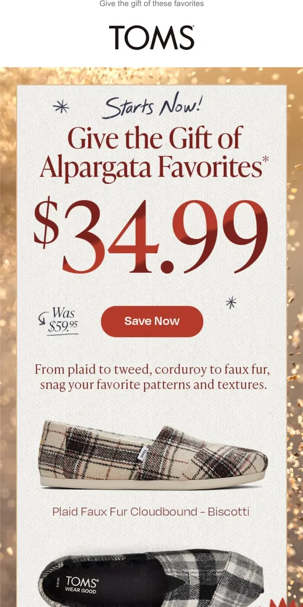 Email from TOMS. STARTS NOW! $34.99 Alpargatas 🤩