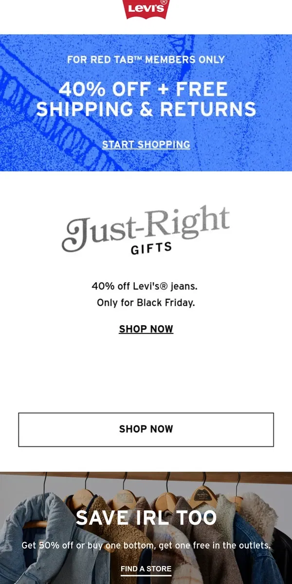 Email from Levi's. PSA: Your favorite jeans are 40% off