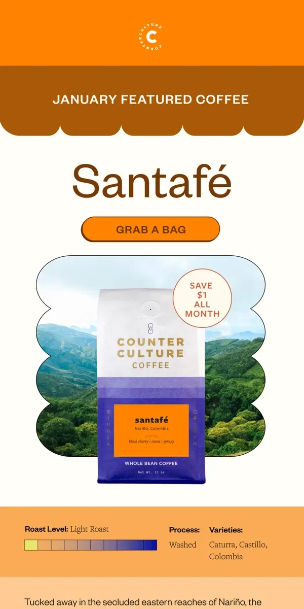 Email from Counter Culture Coffee. Our Monthly Featured Coffee-Santafé