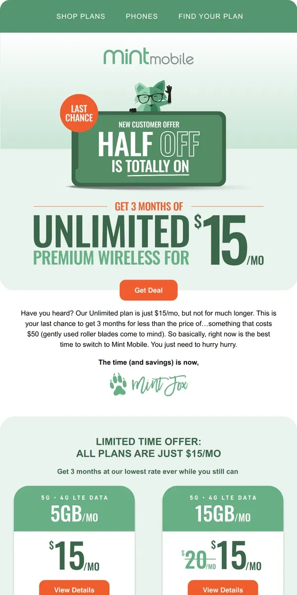 Email from Mint Mobile. Only a few hours left 🚨 50% off Unlimited