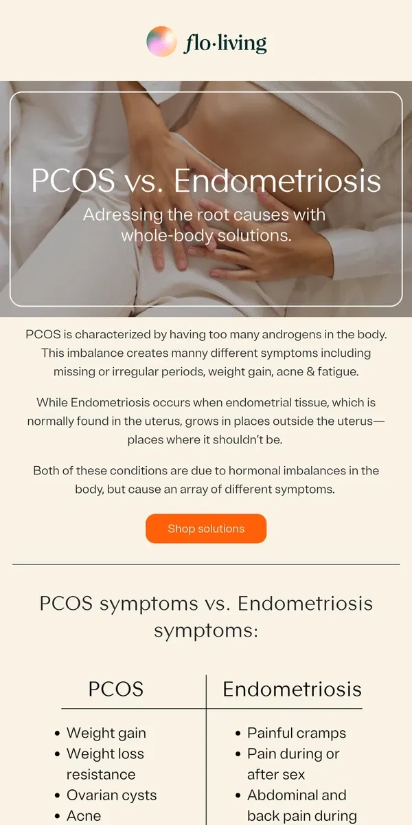 Email from FLO Living. PCOS vs. Endometriosis - what's the difference?