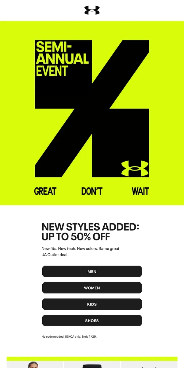 Email from Under Armour. NEW STYLES ADDED: Up to 50% off