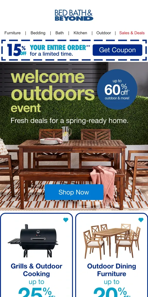 Email from Bed Bath & Beyond. Up to 60% Off Outdoors & Beyond--Going on NOW ☀️🌳